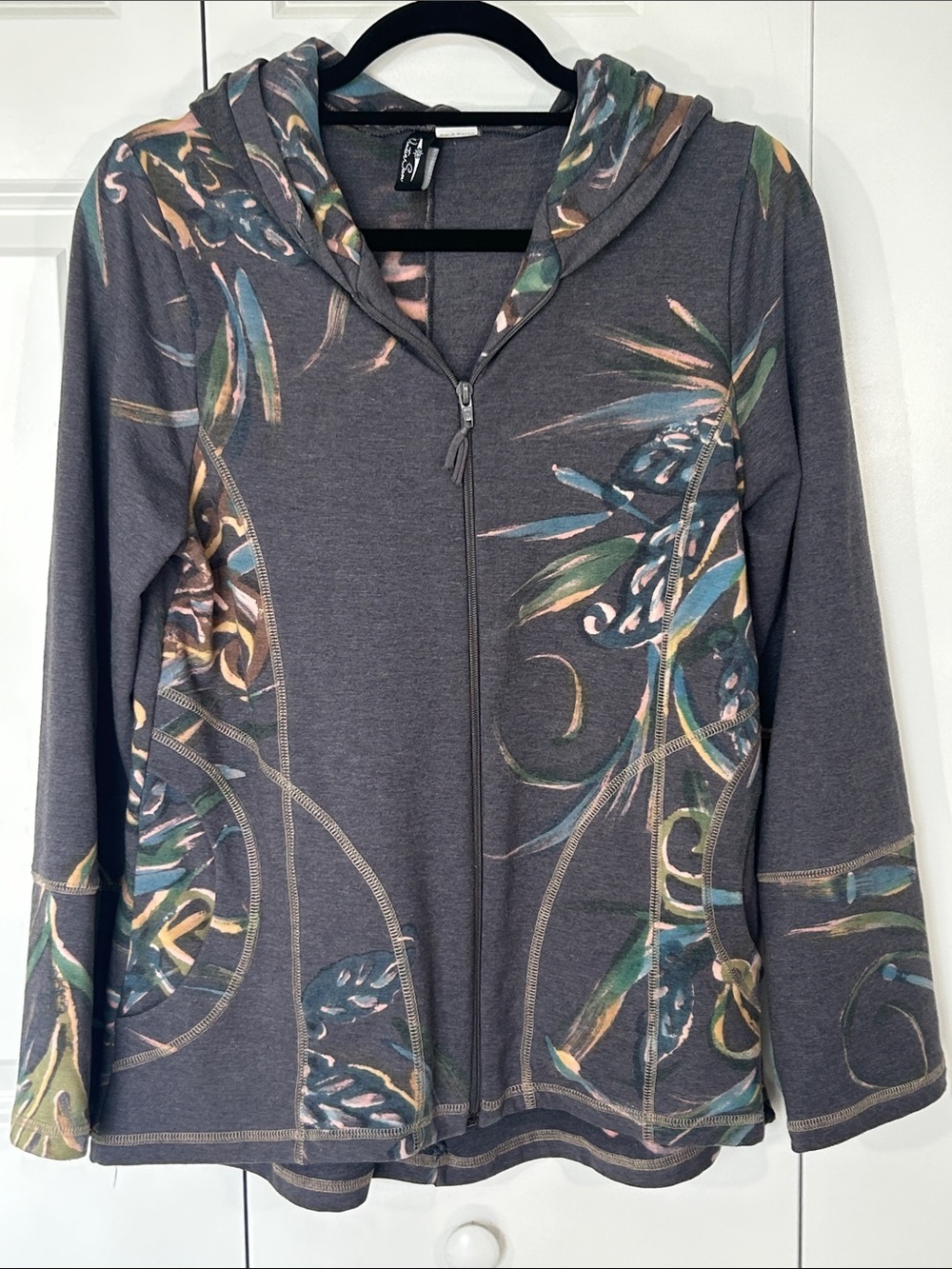 Winter Sun Women's Gray Hooded Zip Sweatshirt with Botanical Print Size Small - Picture 2 of 8